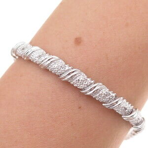 Sun 925 Sterling Silver Real Round-Cut Diamond Bracelet 7.75"